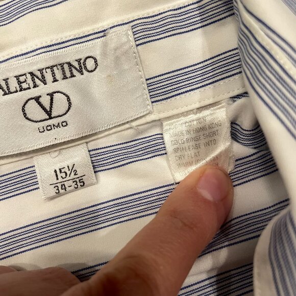 Valentino Uomo Shirt Mens 15.5 34 35 Blue White Stripe Dress Casual Button Up - Picture 4 of 10
